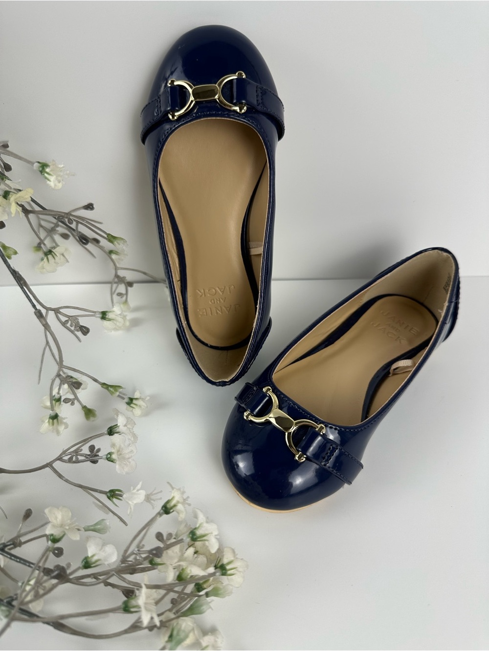 Janie and Jack Girls Navy Patent Ballet Flats Gold Hardware Size 9